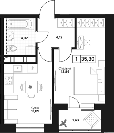 Планировка: 1-комнатная квартира 33,9 м² в ЖК «Пушкино Град»