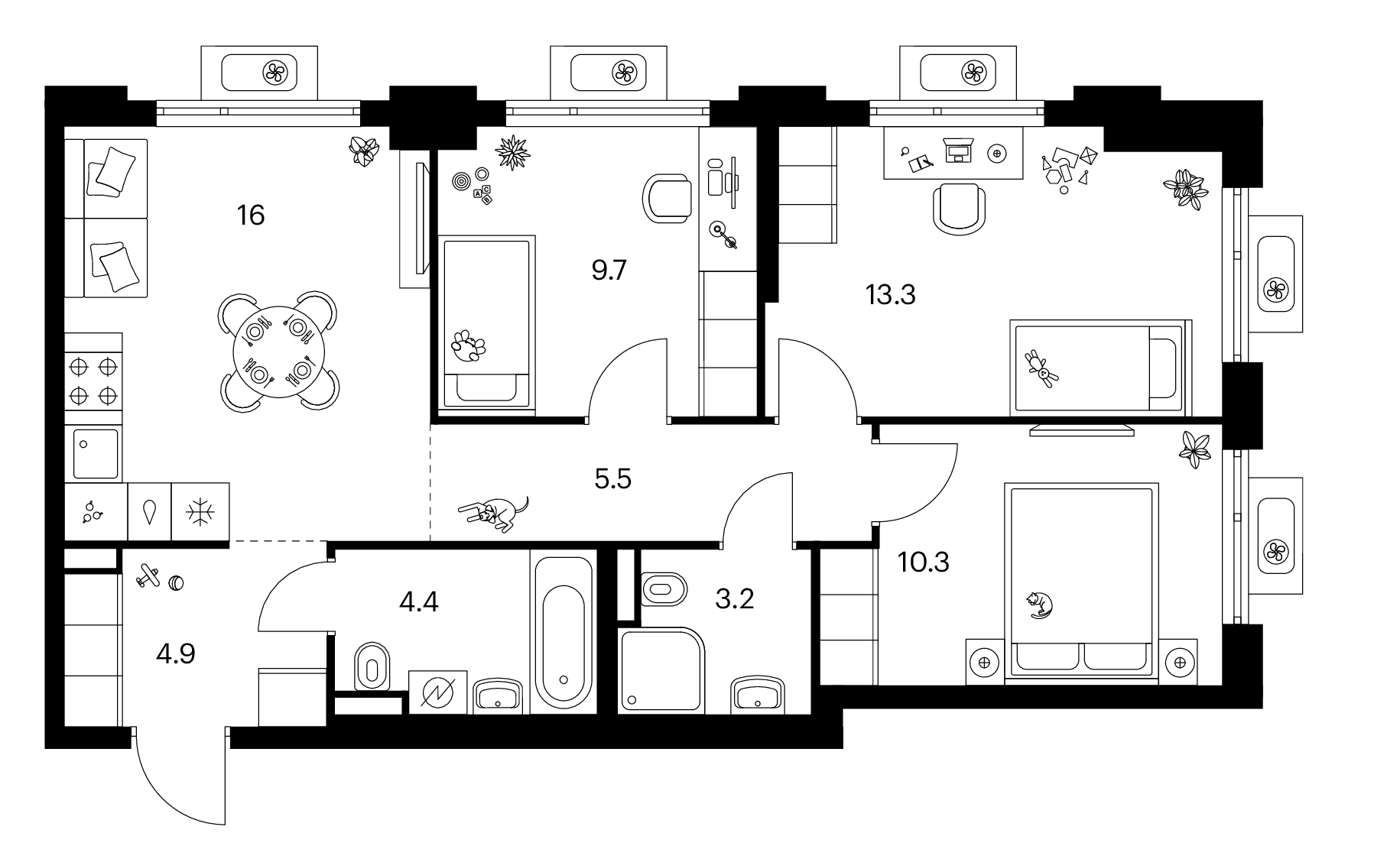Планировка: 3-комнатная квартира 67,3 м² в ЖК «Белая Дача парк»