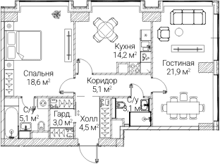 Планировка: 2-комнатная квартира 75,1 м² в ЖК «СЕЗАР БУДУЩЕЕ»