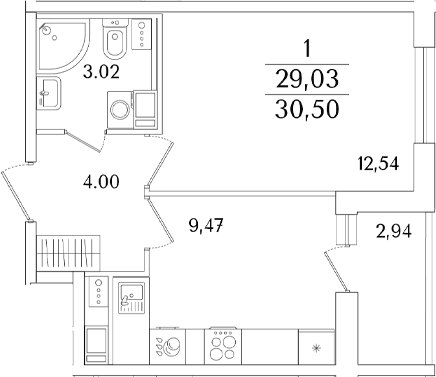 Планировка: 1-комнатная квартира 29 м² в ЖК «Кинопарк»