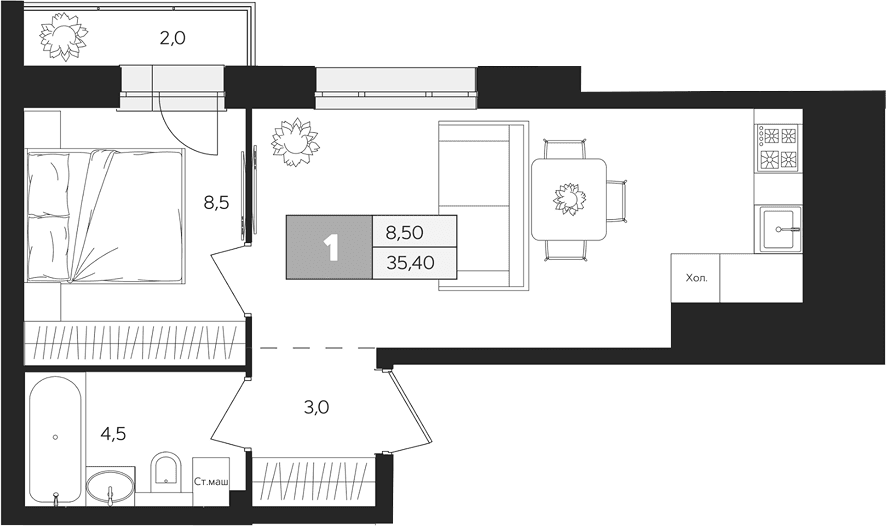 Планировка: 1-комнатная квартира 34,8 м² в ЖК «Ласточкино»