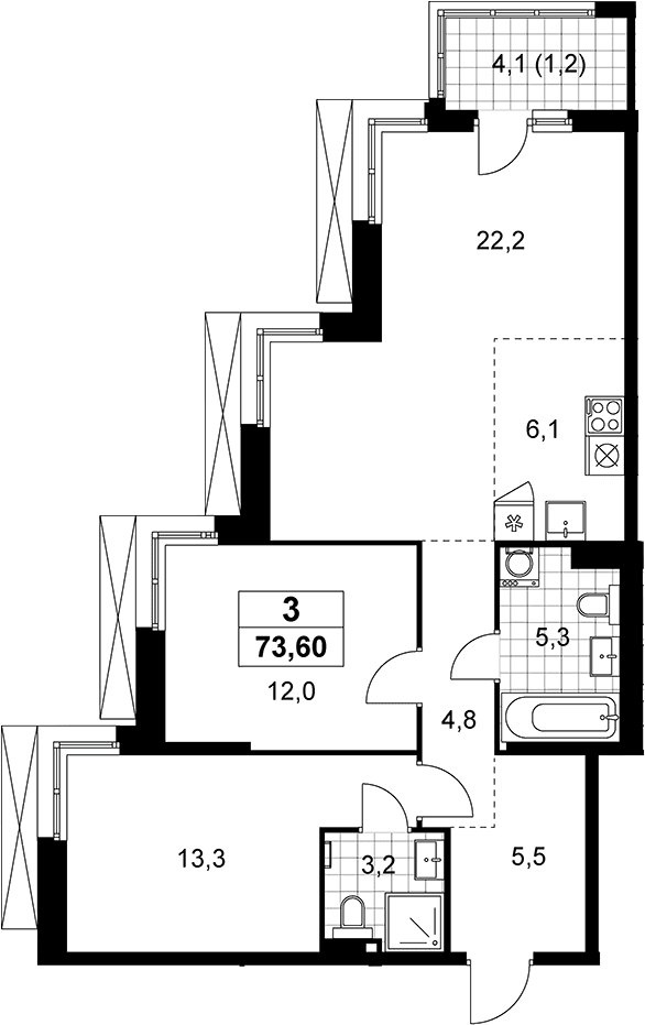 Планировка: Евротрёшка 72,4 м² в ЖК «Дзен-кварталы»