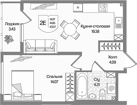 Планировка: Евродвушка 41,9 м² в ЖК «Охтинские высоты»