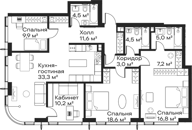 Планировка: Квартира евро-5 124,6 м² в ЖК «Сити Бэй»