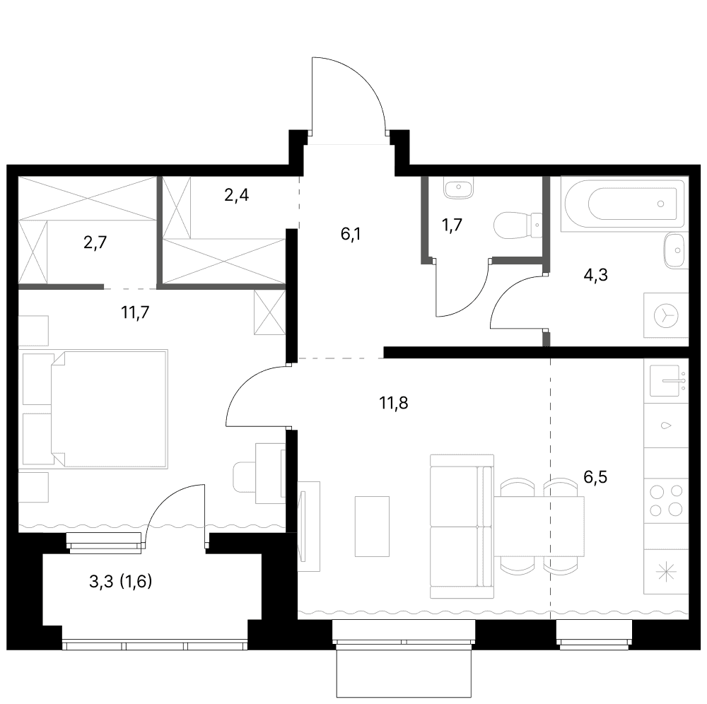 Планировка: Евродвушка 47,2 м² в ЖК «1-й Ясеневский»
