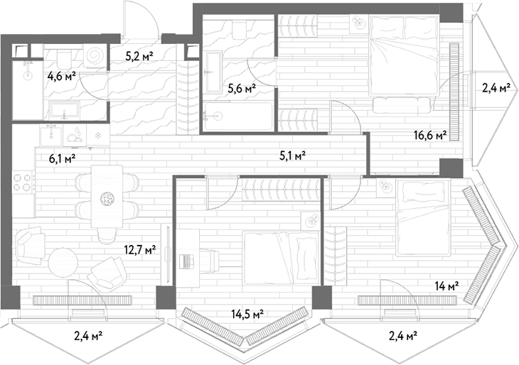 Планировка: Квартира евро-4 84,4 м² в ЖК «С5»