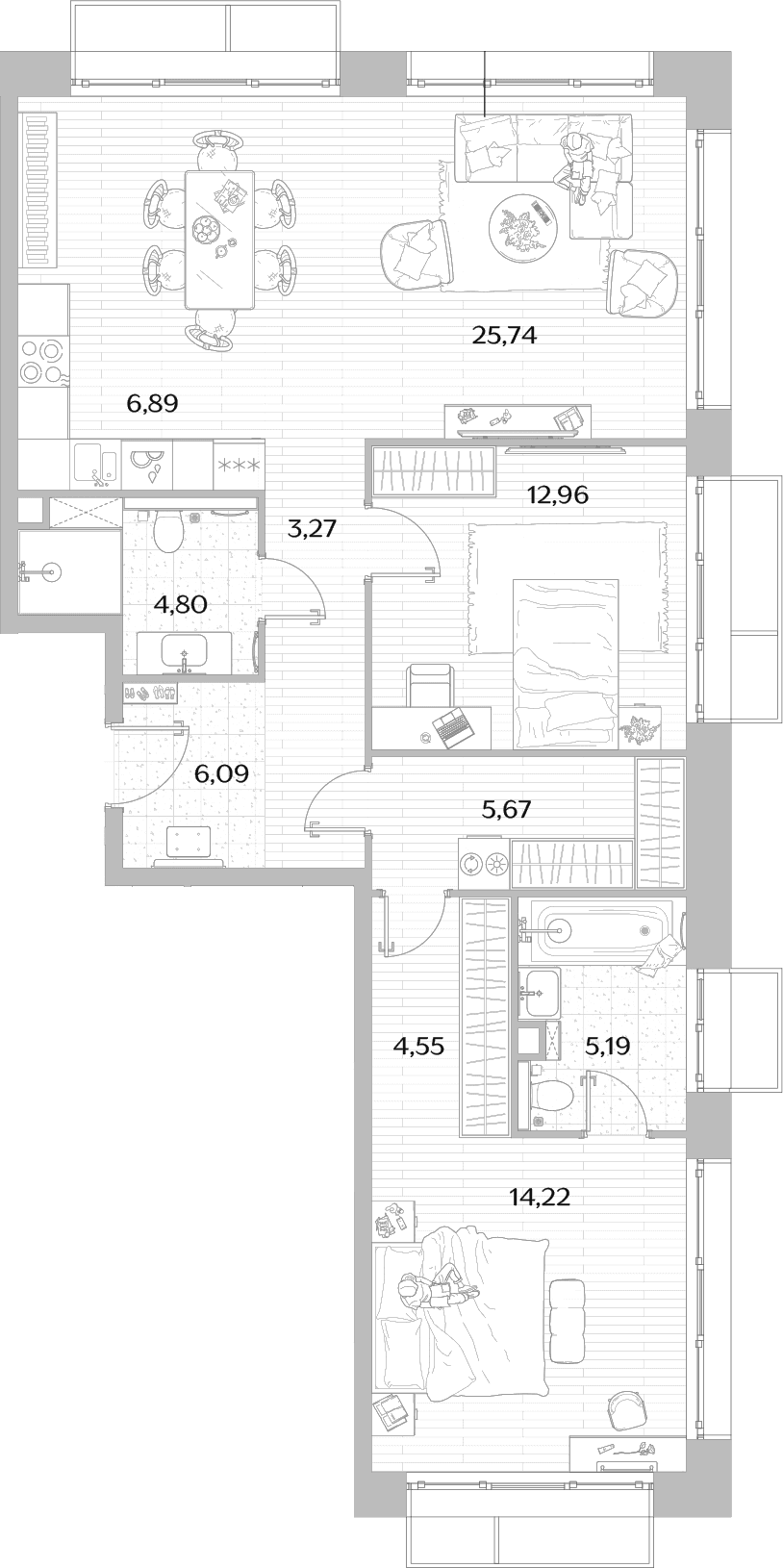 Планировка: Евротрёшка 89,4 м² в ЖК «МЫС»