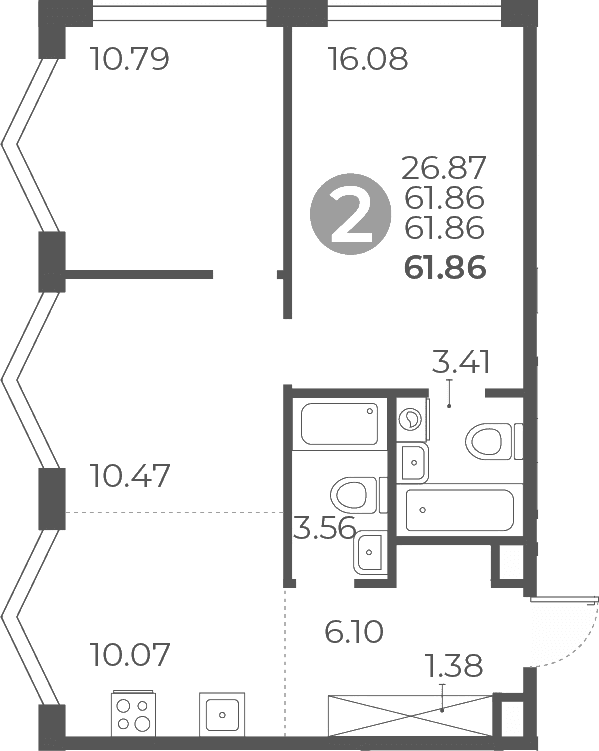 Планировка: 2-комнатная квартира 61,9 м² в ЖК «Мневники от Гранель»