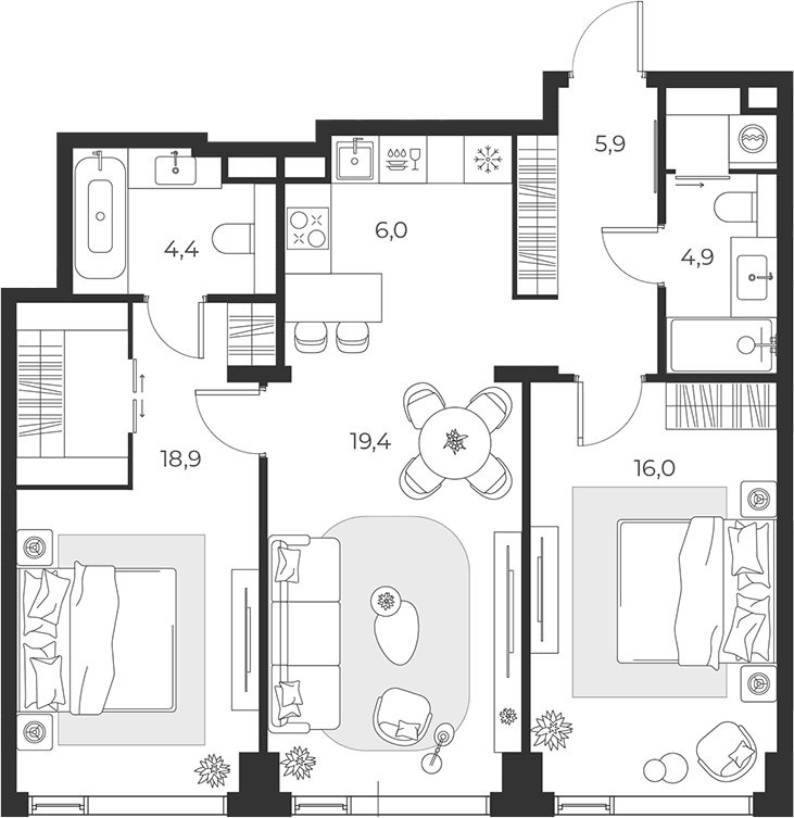 Планировка: Евротрёшка 75,5 м² в ЖК «МАСТЕРС»