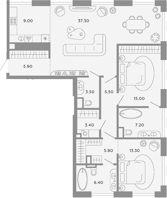 Планировка: Евротрёшка 112,3 м² в ЖК «Тессинский, V»