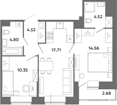 Планировка: Евротрёшка 56,5 м² в ЖК «Загляденье»