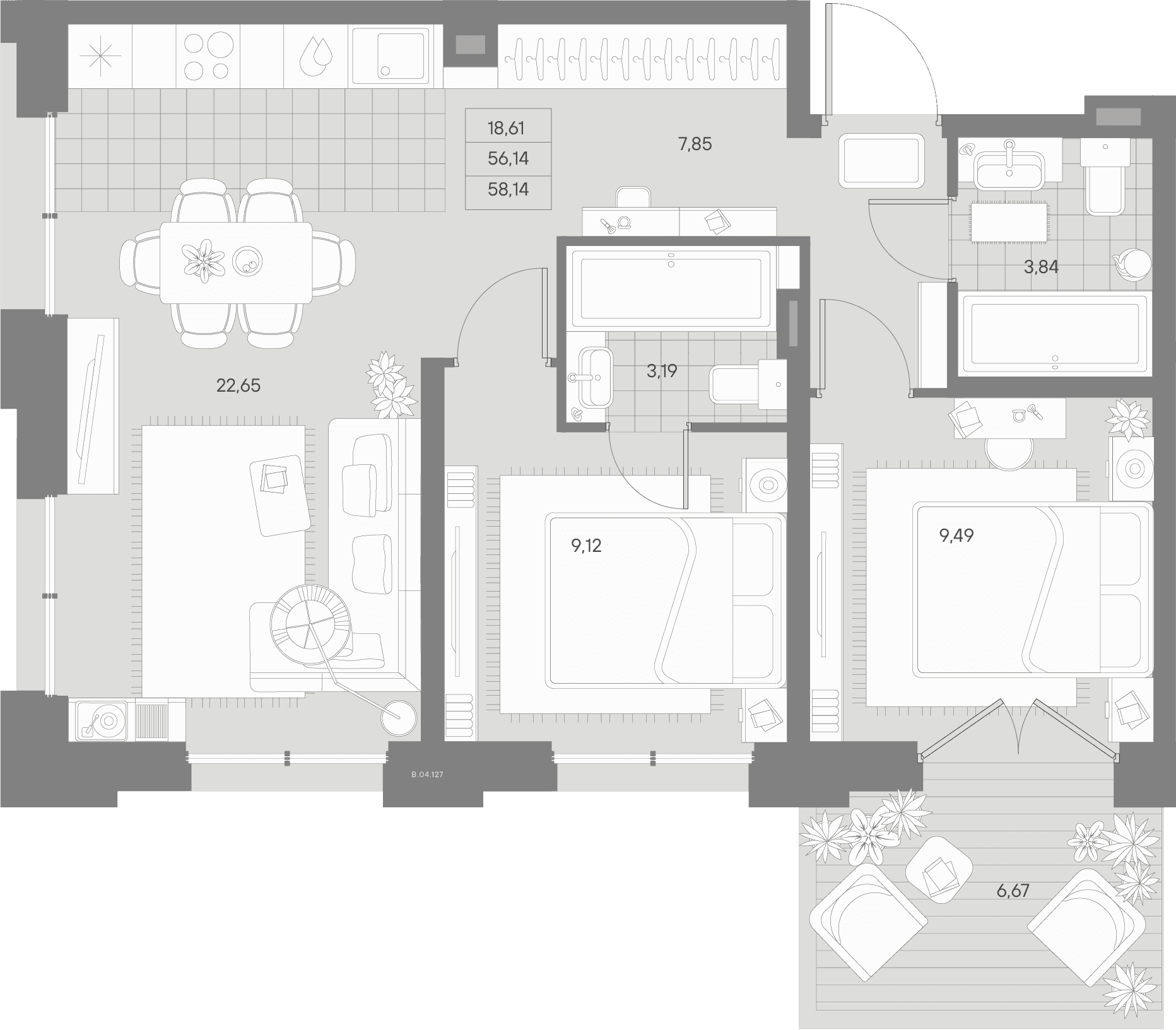 Планировка: Евротрёшка 56,1 м² в ЖК «Альпен»