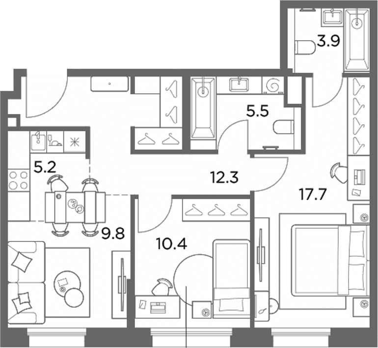 Планировка: Евротрёшка 64,8 м² в ЖК «Станиславский»