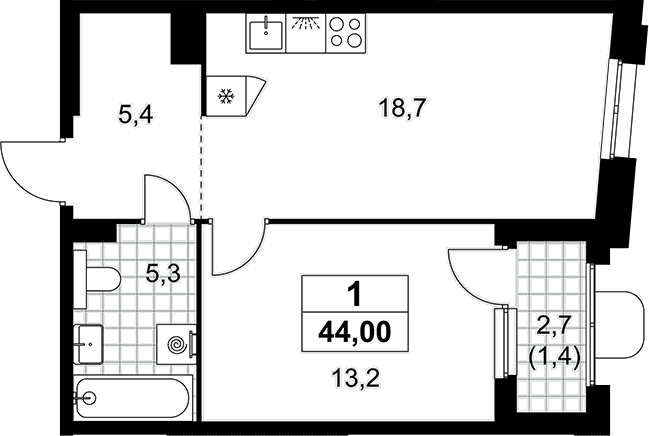 Планировка: Евродвушка 42,6 м² в ЖК «Прокшино»