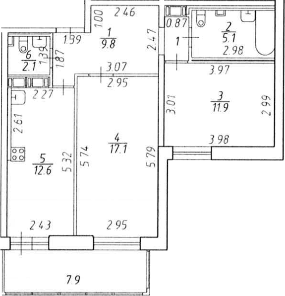 Планировка: 2-комнатная квартира 58,6 м² в ЖК «Экос»
