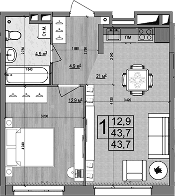Планировка: Евродвушка 43,7 м² в ЖК «Гранд Комфорт 2»