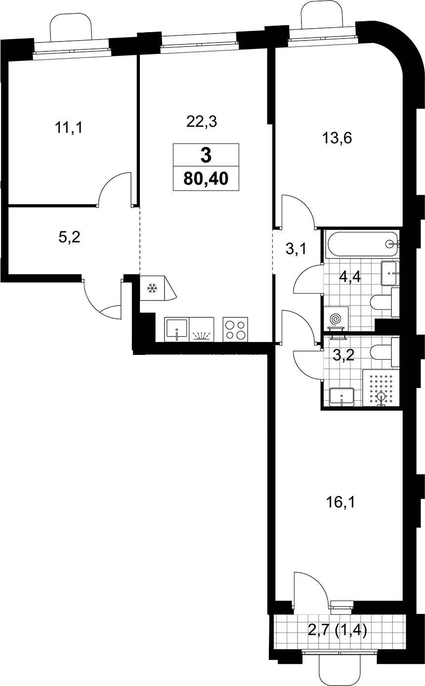 Планировка: Квартира евро-4 79 м² в ЖК «Прокшино»