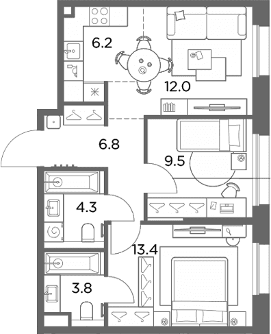 Планировка: Евротрёшка 56 м² в ЖК «Станиславский»