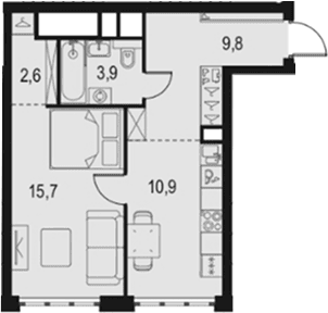 Планировка: 1-комнатная квартира 42,9 м² в ЖК «Левел Южнопортовая»