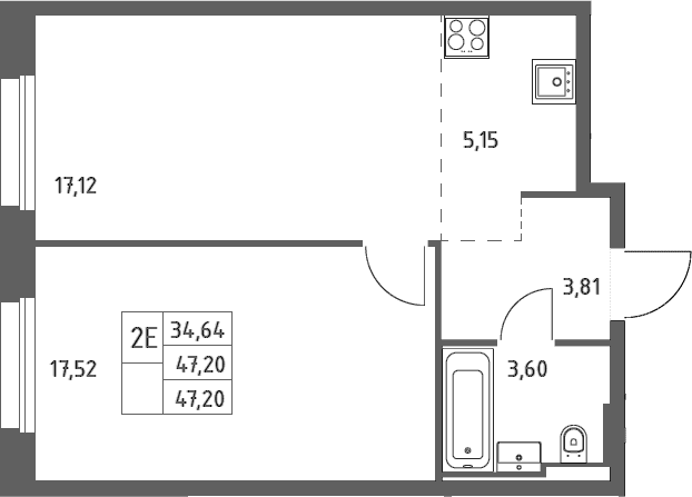 Планировка: Евродвушка 47,2 м² в ЖК «Заречье Парк»