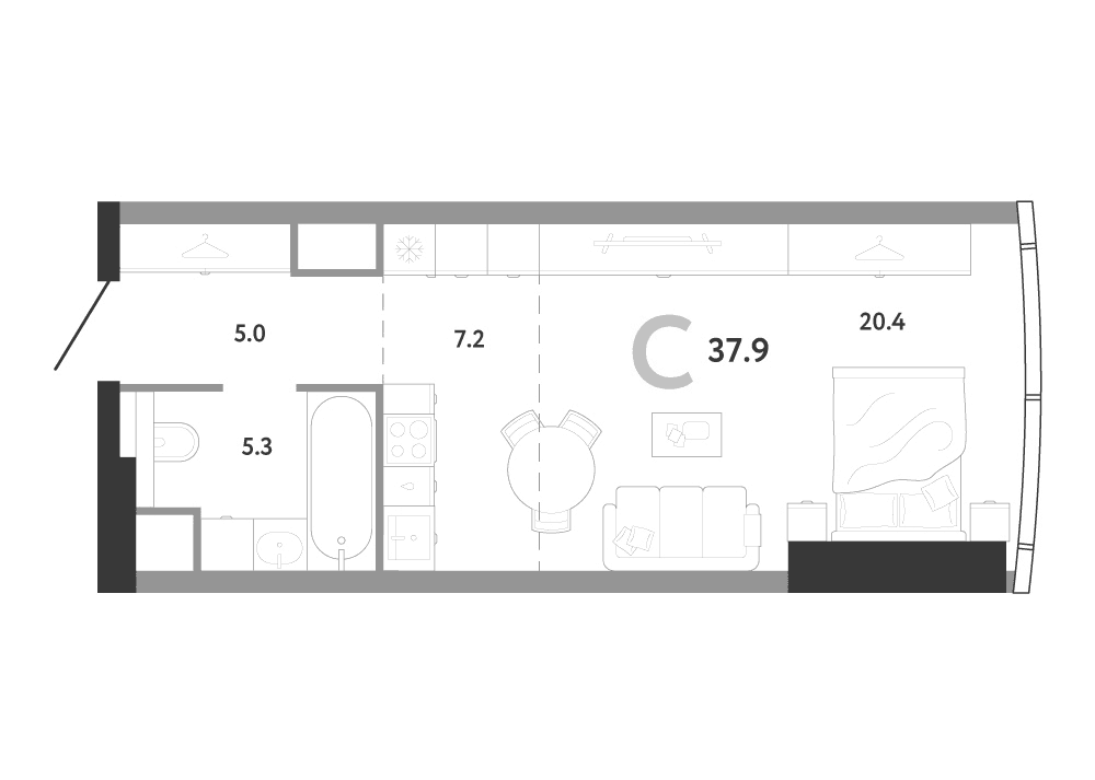 Планировка: Студия 37,9 м² в ЖК «АУРУС Резиденции»