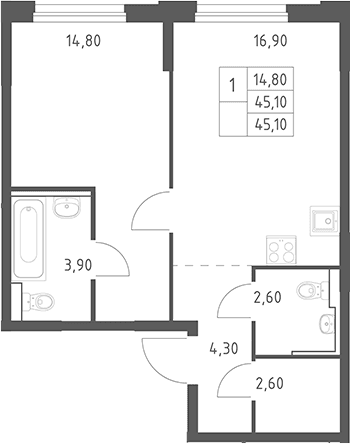 Планировка: Евродвушка 45,1 м² в ЖК «Химки Парк»