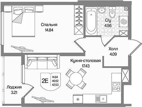 Планировка: Евродвушка 40,9 м² в ЖК «Охтинские высоты»