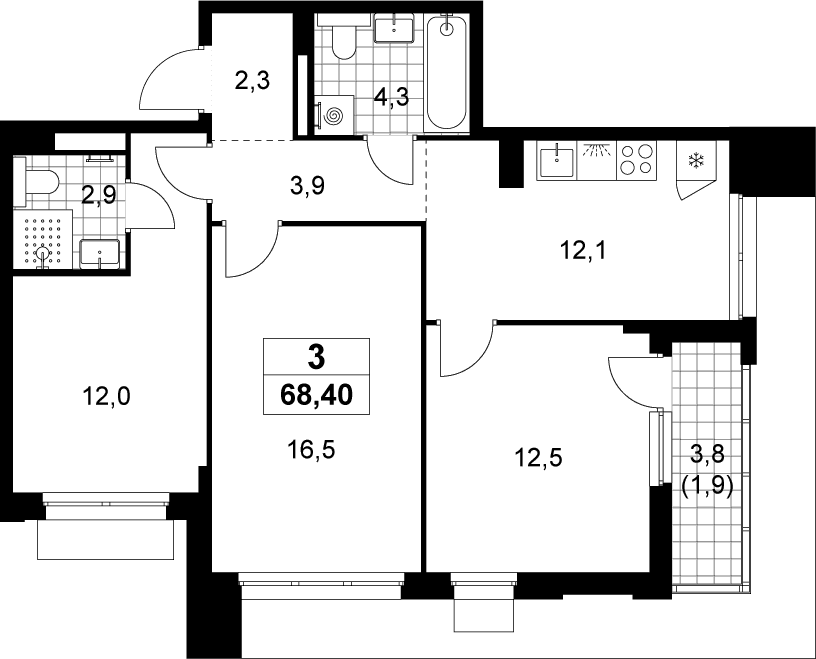 Планировка: 3-комнатная квартира 66,5 м² в ЖК «Деснаречье»