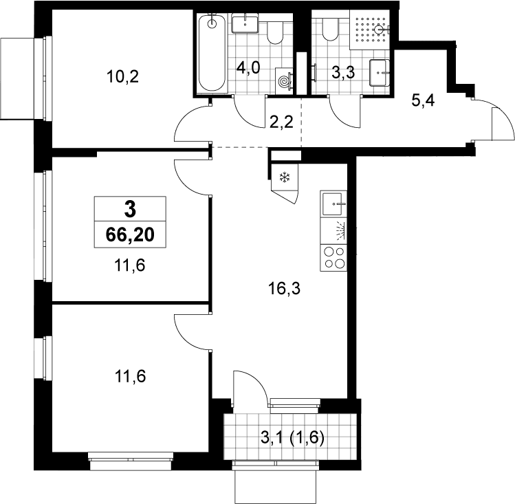Планировка: Квартира евро-4 64,6 м² в ЖК «Деснаречье»