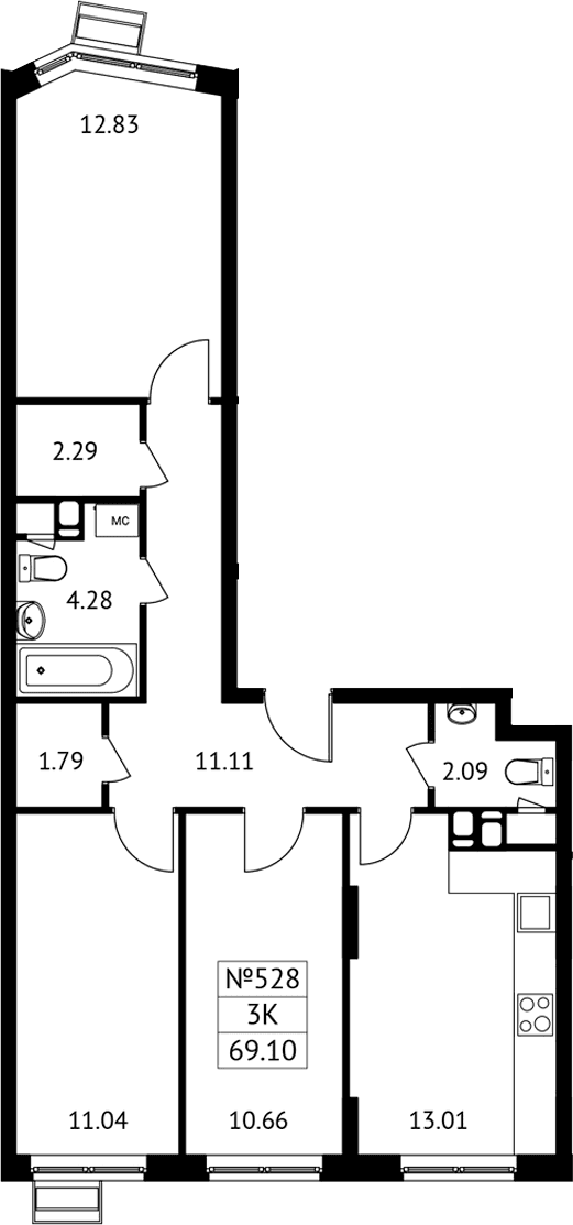 Планировка: 3-комнатная квартира 69,1 м² в ЖК «Новотомилино»