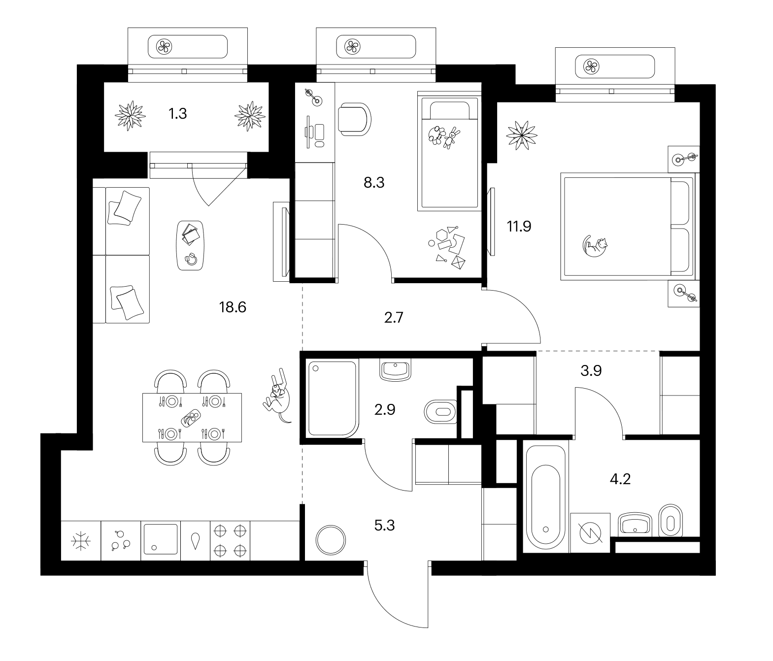 Планировка: 2-комнатная квартира 57,8 м² в ЖК «Ярославский»