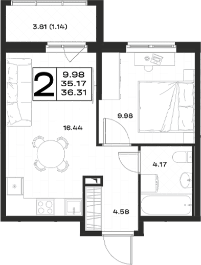 Планировка: Евродвушка 35,2 м² в ЖК «Имена»