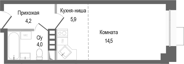 Планировка: Студия 28,6 м² в ЖК «Киноквартал»