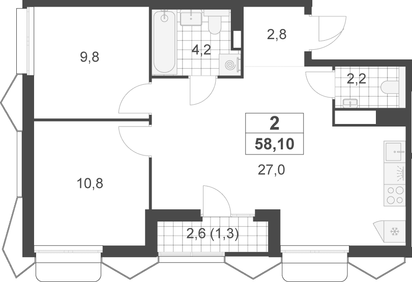 Планировка: Евротрёшка 56,8 м² в ЖК «Деснаречье»