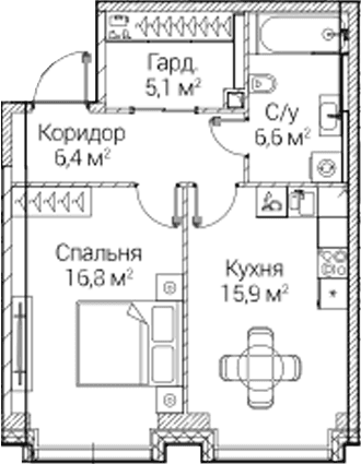 Планировка: 1-комнатная квартира 50,6 м² в ЖК «СЕЗАР БУДУЩЕЕ»