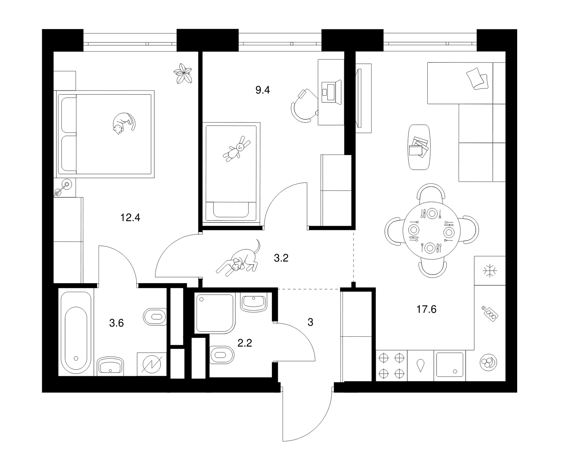 Планировка: 2-комнатная квартира 51,4 м² в ЖК «2-й Иртышский»