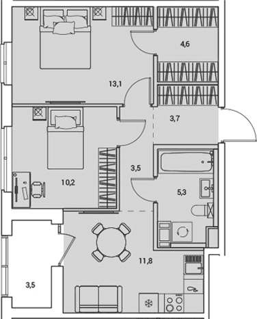 Планировка: 2-комнатная квартира 52,2 м² в ЖК «Янила Форест»