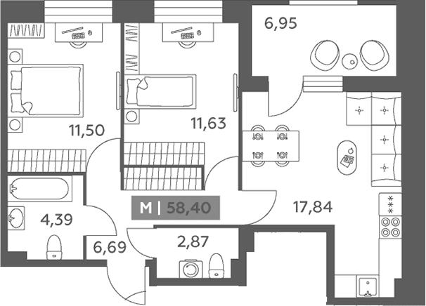 Планировка: Евротрёшка 54,9 м² в ЖК «Аквилон РекаПарк»