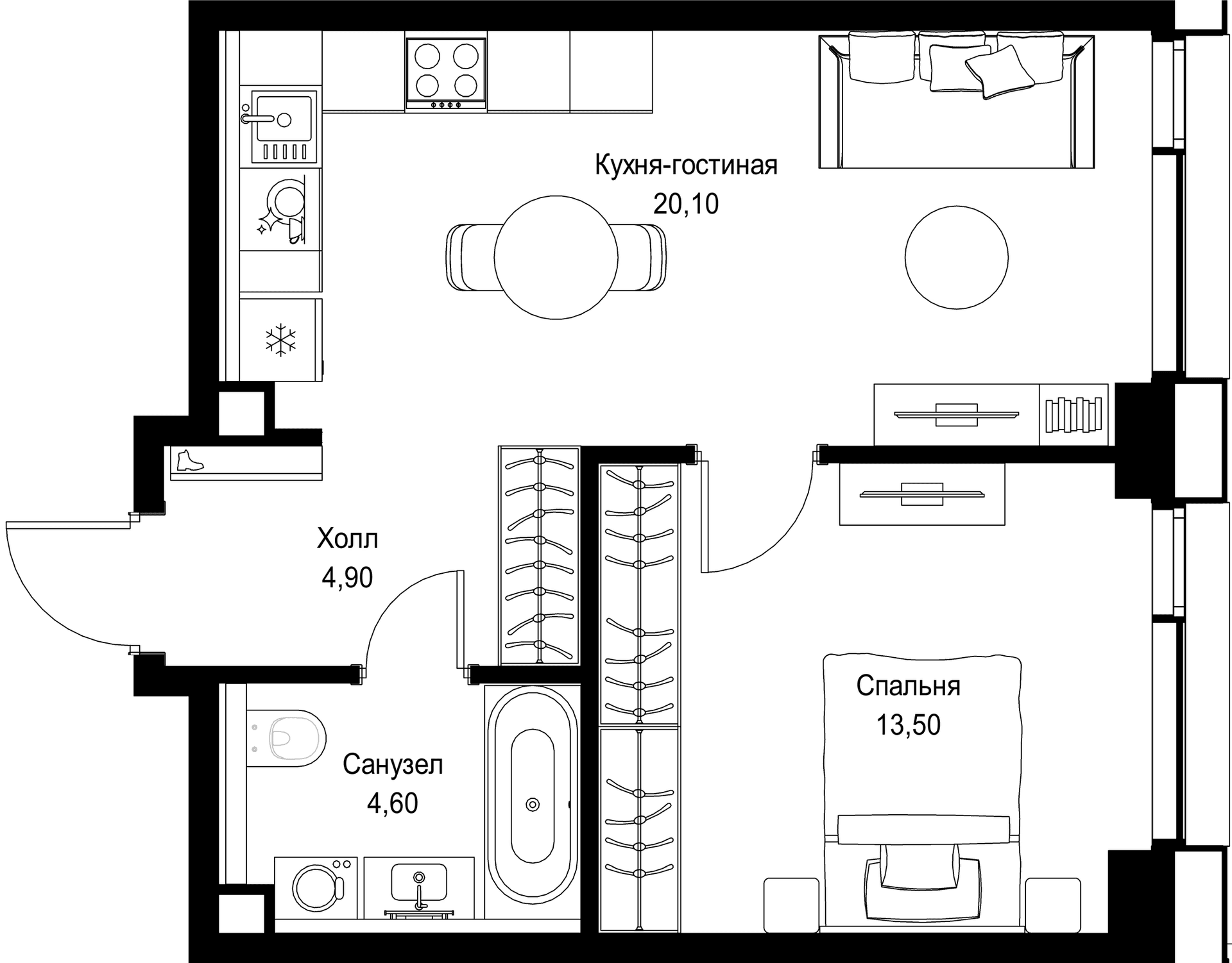 Планировка: Евродвушка 43,1 м² в ЖК «СИТИДЗЕН»