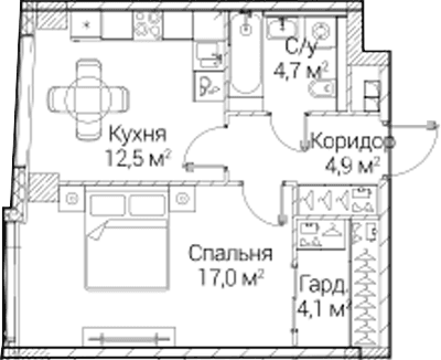 Планировка: 1-комнатная квартира 43,1 м² в ЖК «СЕЗАР БУДУЩЕЕ»