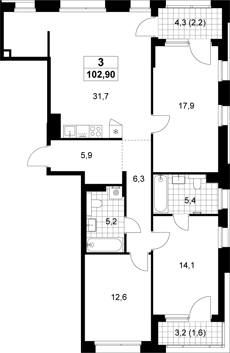 Планировка: Квартира евро-4 99,1 м² в ЖК «Хольм»