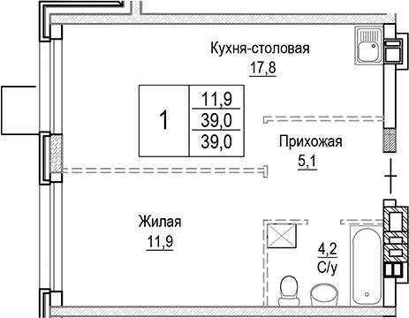 Планировка: Евродвушка 39 м² в ЖК «Лесная Отрада»