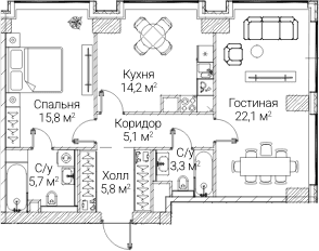 Планировка: 2-комнатная квартира 71,8 м² в ЖК «СЕЗАР БУДУЩЕЕ»