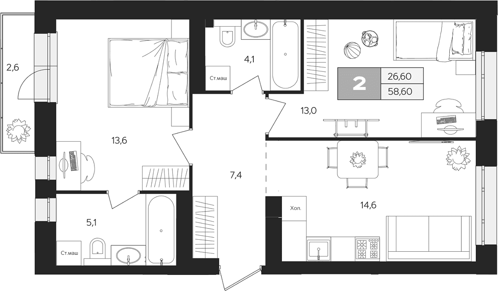 Планировка: 2-комнатная квартира 57,8 м² в ЖК «Ласточкино»