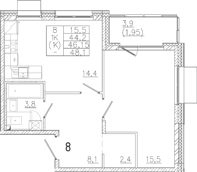 Планировка: 1-комнатная квартира 44,2 м² в ЖК «Лисино»