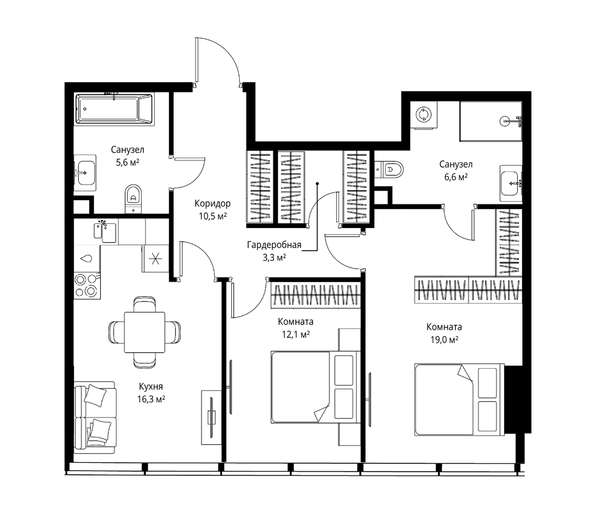 Планировка: Евротрёшка 73,4 м² в ЖК «ОНЕ»
