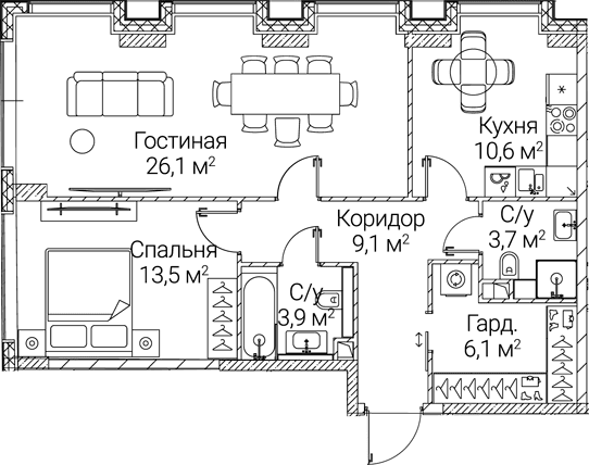 Планировка: 2-комнатная квартира 73 м² в ЖК «СЕЗАР БУДУЩЕЕ»