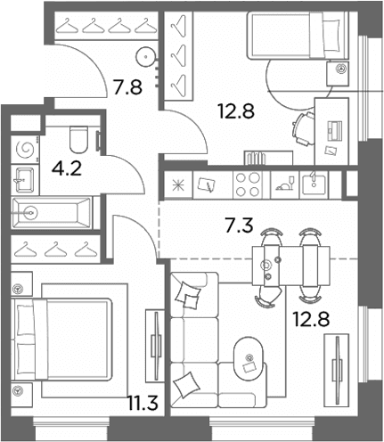 Планировка: Евротрёшка 56,2 м² в ЖК «Станиславский»