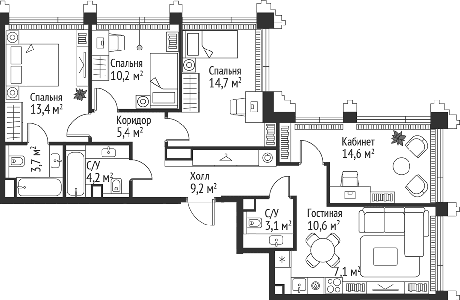 Планировка: Квартира евро-5 96,2 м² в ЖК «СЕТ»