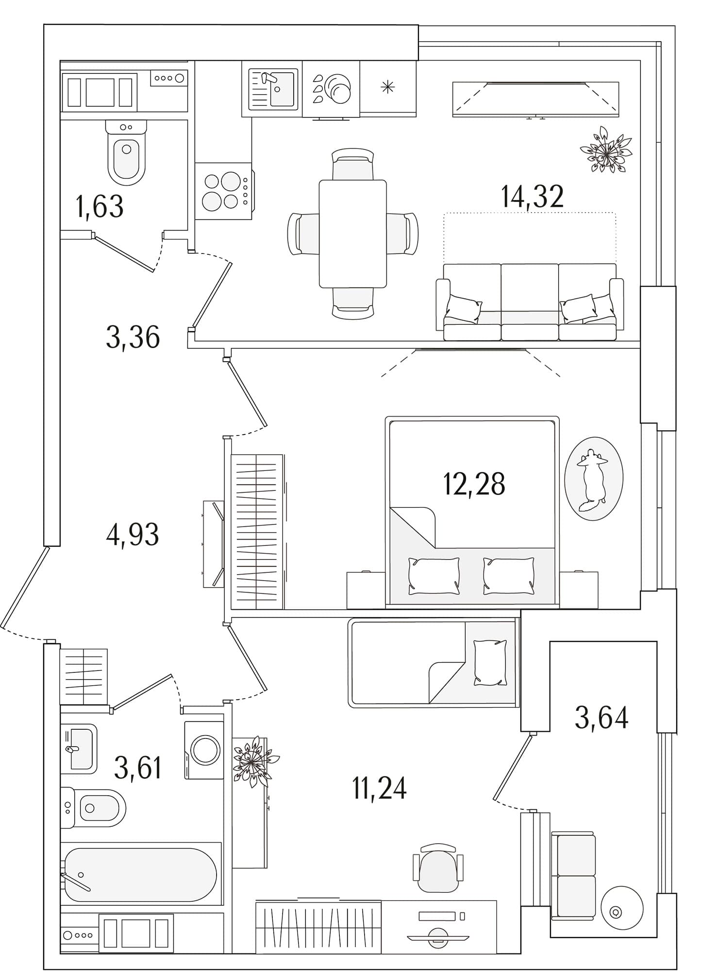 Планировка: Евротрёшка 51,4 м² в ЖК «Гранат»